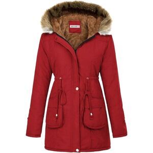 Grace Karin Size M Strong Red Fleece Parka Anorak Hooded Military Jacket Coat